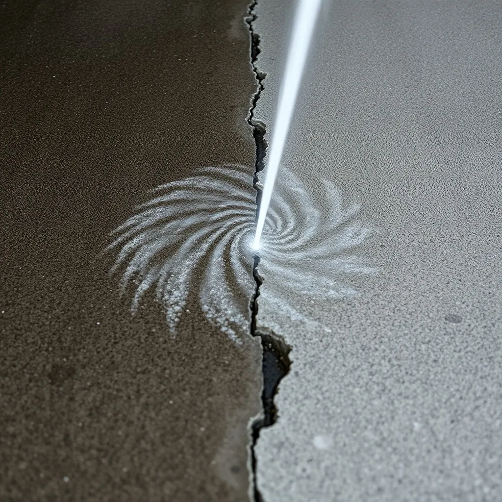Macro shot of a high pressure water jet cleaning a dark grey