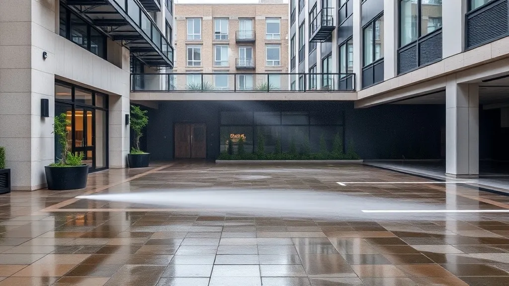 Industrial pressure washing of outdoor stone pavers in a com