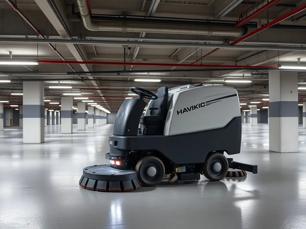 High-tech industrial floor scrubber machine in a clean under