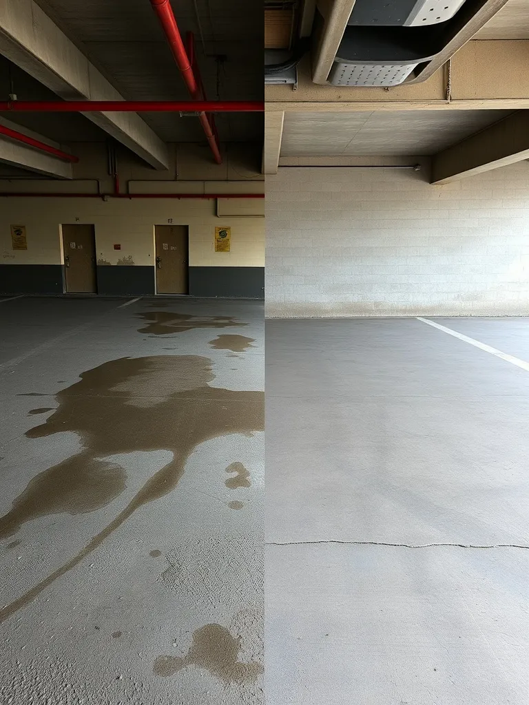 Split screen showing a dirty underground parking floor with