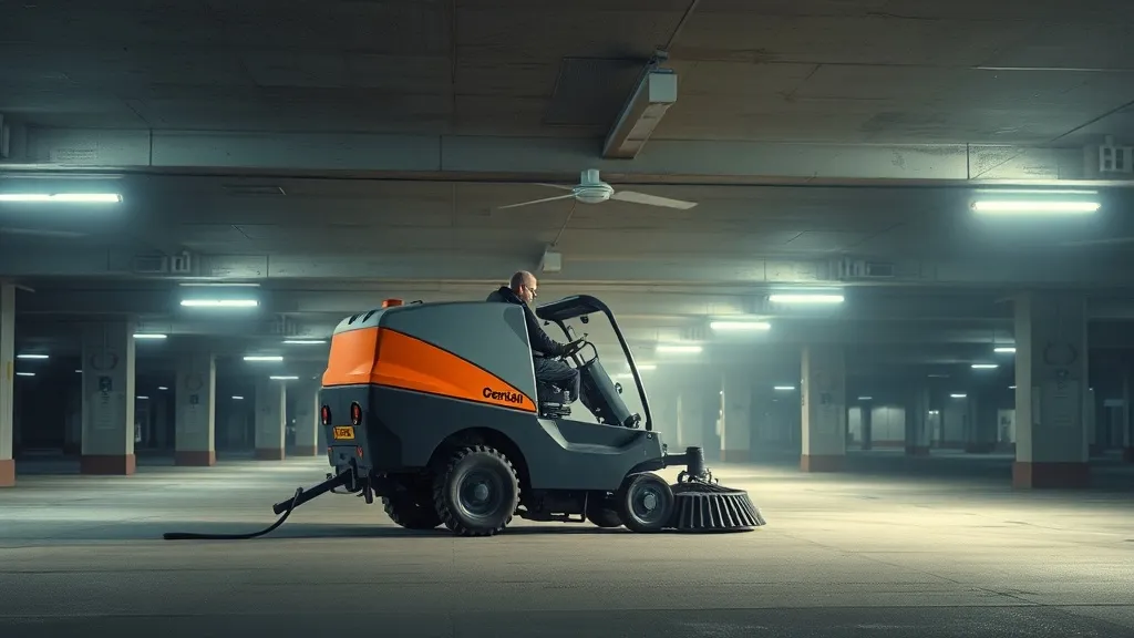 Professional industrial floor scrubber machine working on a