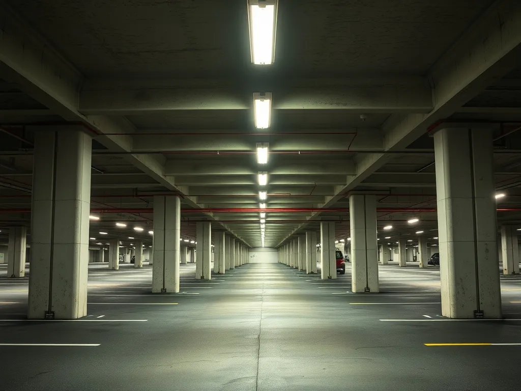 Professional underground parking lot with concrete pillars a